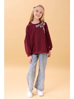 Kız Çocuk Zürafa Nakışlı Mevsimlik Oversize Sweatshirt – Bordo