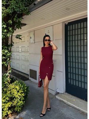 Askılı Aksesuar Detaylı Yırtmaçlı Mini Kadın Elbise Bordo