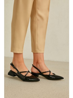 Kadın Rugan Çapraz Bantlı Slingback Stiletto Ayakkbı Siyah