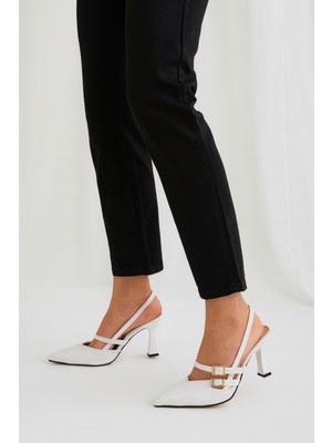 Rugan Çok Bantlı Slingback Topuklu Ayakkabı Beyaz