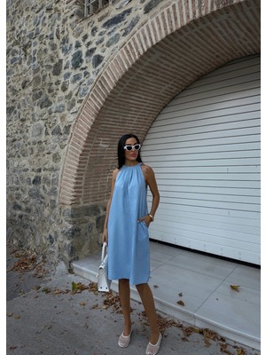 Halter Yaka Dokuma Midi Kadın Elbise Mavi