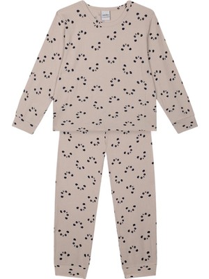 Antebies Bej Panda Desenli Bambu Kumaş Beli Lastikli Uzun Kollu Erkek Çocuk Pijama Takımı