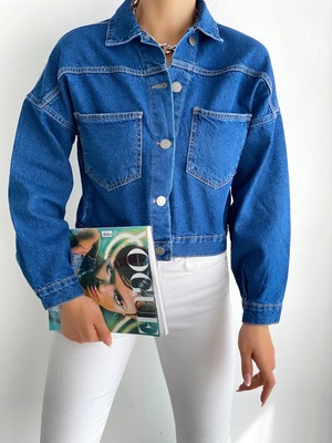 Çift Cepli Denim Crop Ceket Mavi