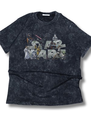 Unisex Yıldız Savaşları Karakterler Baskılı Yıkamalı T-Shirt,oversize Star Wars Temalı Retro Tişört