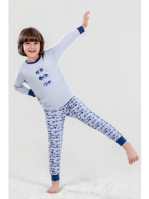 Erkek Çocuk Pamuklu Bisiklet Yaka Araba Baskılı Uzun Kollu Pijama Takımı 9617-1 Mavi