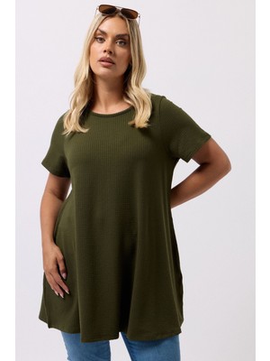 Büyük Beden Bisiklet Yaka Kısa Kollu Dokulu Uzun T-Shirt 304001