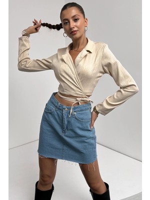 Gömlek Yaka Beli Bağlamalı Crop Bluz Kadın Bej