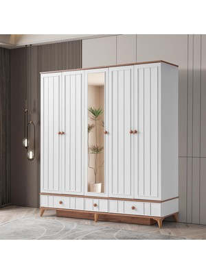Beenal Sıla 5 Kapaklı Gardırop Çekmeceli Dolap 192CM. Beyaz-A.çam