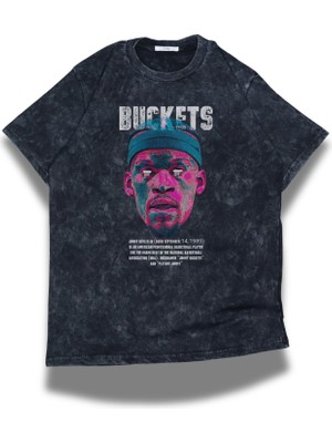 Unisex Buckets Yazılı Yıkamalı T-Shirt, Oversize Basketçi Jimmy Butler Temalı Retro Tişört