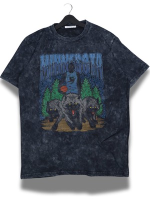 Unisex Minnesota Yazılı Yıkamalı T-Shirt, Oversize Basketbol Temalı Retro Tişört