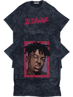 Unisex Savage Sırt Baskılı Yıkamalı T-Shirt, Oversize 21 Savage Rap Temalı Vintage Tişört