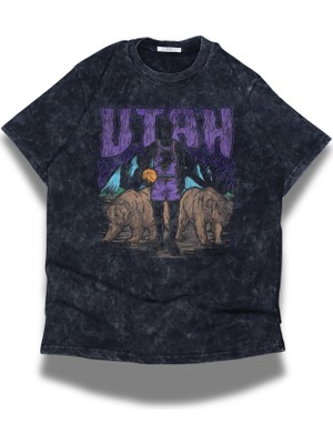 Unisex Utah Yazılı Yıkamalı T-Shirt, Oversize Basketbol Temalı Bisiklet Yaka Vintage Tişört