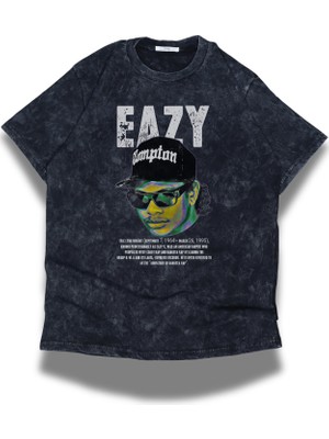 Unisex Eazy Yazılı Yıkamalı T-Shirt, Oversize Rapper Eazy Temalı Vintage Tişört