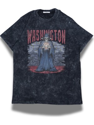 Unisex Washington Yazılı Yıkamalı T-Shirt, Oversize Basketbol Temalı Bisiklet Yaka Retro Tişört