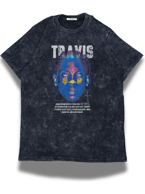 Unisex Travis Yazılı Yıkamalı T-Shirt, Oversize Travis Scott Rap Temalı Retro Tişört