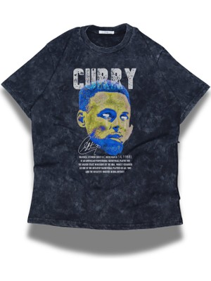 Unisex Stephen Curry Yazılı Yıkamalı T-Shirt, Oversize Basketbolcu Temalı Retro Tişört