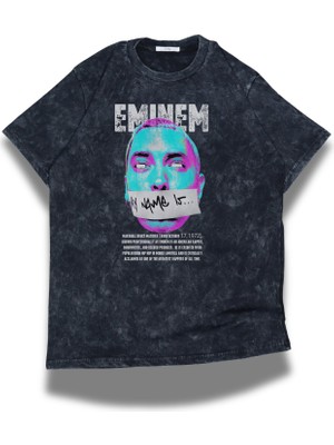Unisex My Name Is Eminem Yazılı Yıkamalı T-Shirt, Oversize Rapper Temalı Vintage Tişört