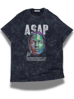 Unisex Asap Yazılı Yıkamalı T-Shirt, Oversize Asap Rocky Rap Temalı Vintage Tişört
