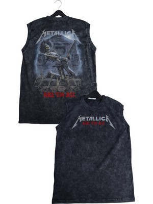 Metallica Kill'em All Sırt Baskılı Yıkamalı Kolsuz Tişört, Unisex Rock Band Temalı Sıfır Kol Atlet