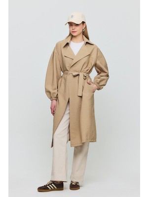 4579A Kuşaklı Kol Lastikli Trençkot Vizon