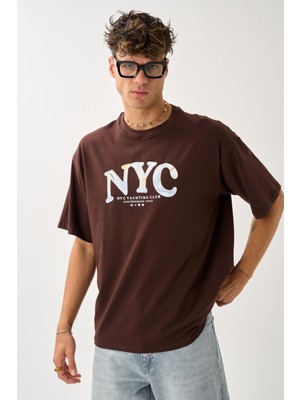 Geniş Kalıp Bisiklet Yaka Baskılı Unisex T-Shirt
