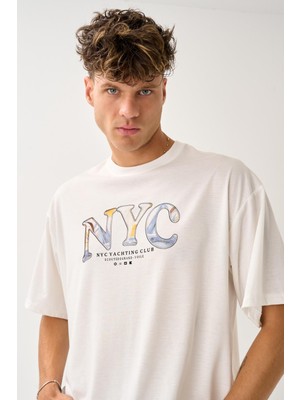 Geniş Kalıp Bisiklet Yaka Baskılı Unisex T-Shirt