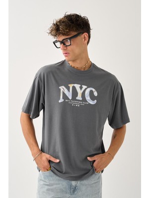 Geniş Kalıp Bisiklet Yaka Baskılı Unisex T-Shirt