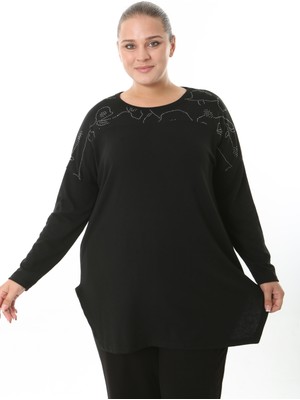 Xl Modam Kadın Likralı Viskon Kumaş Göğüs Kol Taşlı Siyah Büyük Beden Tunik
