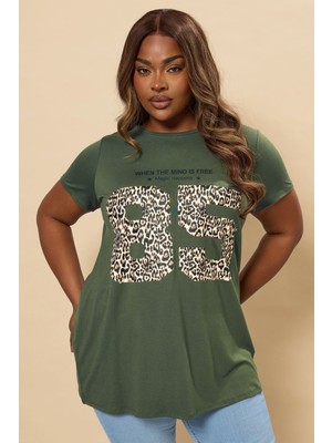 Büyük Beden Bisiklet Yaka Kısa Kollu Baskılı T-Shirt 304172