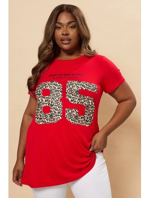 Büyük Beden Bisiklet Yaka Kısa Kollu Baskılı T-Shirt 304173