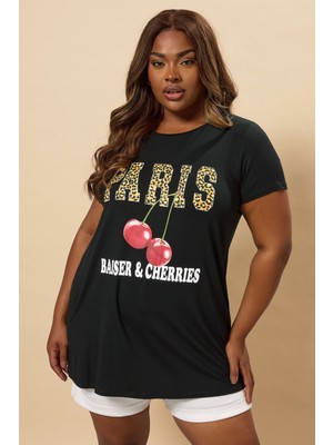 Büyük Beden Bisiklet Yaka Kısa Kollu Baskılı T-Shirt 304176