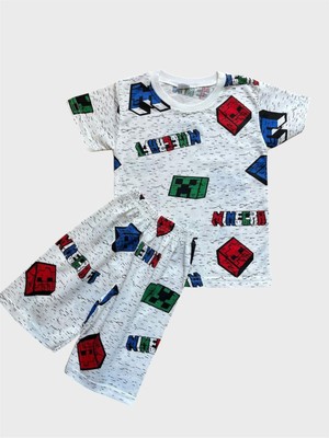 Erkek Çocuk Pamuklu Beyaz Geometrik Küp Desenli Kısa Kollu Şortlu Yazlık Pijama Takımı