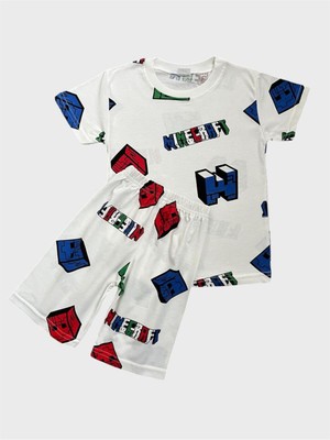 Erkek Çocuk Pamuklu Beyaz Küp Desenli Kısa Kollu Şortlu Yazlık Pijama Takımı