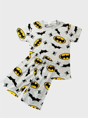 Erkek Çocuk Pamuklu Gri Batman Desenli Kısa Kollu Şortlu Yazlık Pijama Takımı