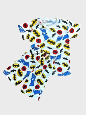 Erkek Çocuk Pamuklu Beyaz Batman Desenli Kısa Kollu Şortlu Yazlık Pijama Takımı