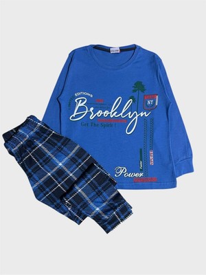 Erkek Çocuk %100 Pamuklu Mavi Brooklyn Yazı Desenli Altı Ekose Uzun Kollu Mevsimlik Pijama Takımı