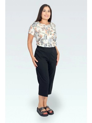 Tolga Saraçoğlu Kadın Ince Kumaş Beli Lastikli Rahat Kesim Kapri 30267 Siyah