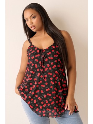 Büyük Beden V Yaka Askılı Ip Detaylı Desenli T-Shirt 322672