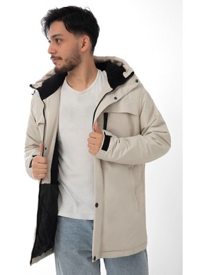 Montland Spor Erkek Kapüşonlu Kışlık Mont Taş Renk Polarlı Kürklü Su ve Rüzgar Geçirmez Özellikli
