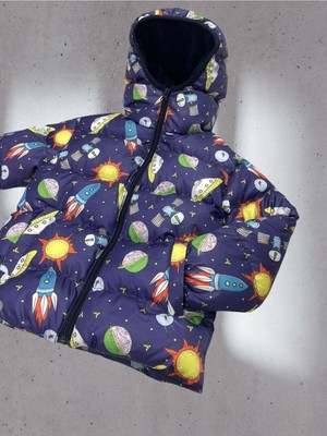 Spor Kız Çocuk Polarlı Kapüşonlu Ufo Desenli Kışlık Şişme Mont & Kaban & Parka