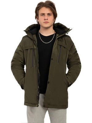 Montup Erkek Polarlı Kürklü Su ve Rüzgar Geçirmez Kapüşonlu Kışlık Şişme Mont Midi