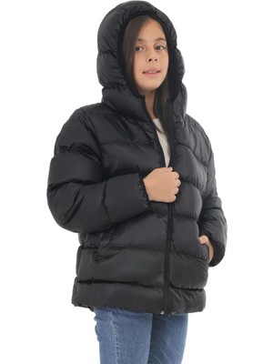 Spor Kız Çocuk Polarlı Kapüşonlu Su Geçirmez Rüzgara Dayanıklı Cepli Şişme Kışlık Mont