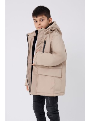 Montland Spor Erkek Çocuk Kapüşonlu Kışlık Mont Taş Renk 3 Cep Özellikli Su ve Rüzgar Geçirmez