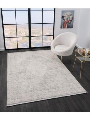 Vista VS002A Beyaz Halı Klasik Desen Antialerjik Pamuk Taban Yıkanabilir Salon Halısı Yatak Odası