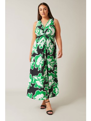 Büyük Beden V Yaka Sıfır Kol Çiçek Desenli Önü Büzgülü Maxi Elbise 615376