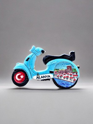 Alanya Temalı Kabartma Polyester Magnet. 9cm x 5cm. Mavi