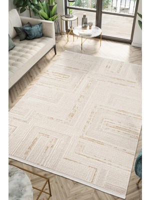 Scala SC013S Beyaz Halı Gold Çizgi Detaylı Tozu Az Akrilik Salon Yatak Odası Mutfak Koridor Halısı