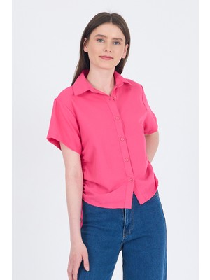 Fuşya Yanları Büzgülü Bağcıklı Kısa Kollu Gömlek 4368A