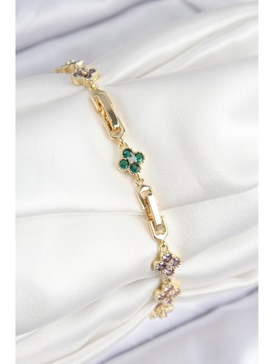 Zarif Kadın Için Golden Pirinç Zirkonlu Prestij Yonca Bileklik