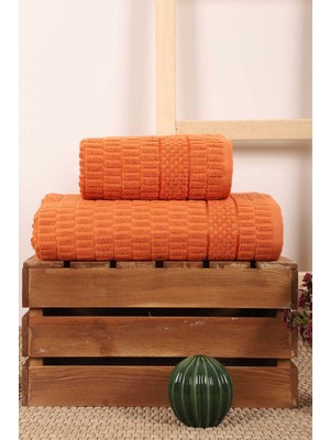 2 Parça Banyo Havlu Takımı %100 Pamuklu Çubuk Desen Turuncu